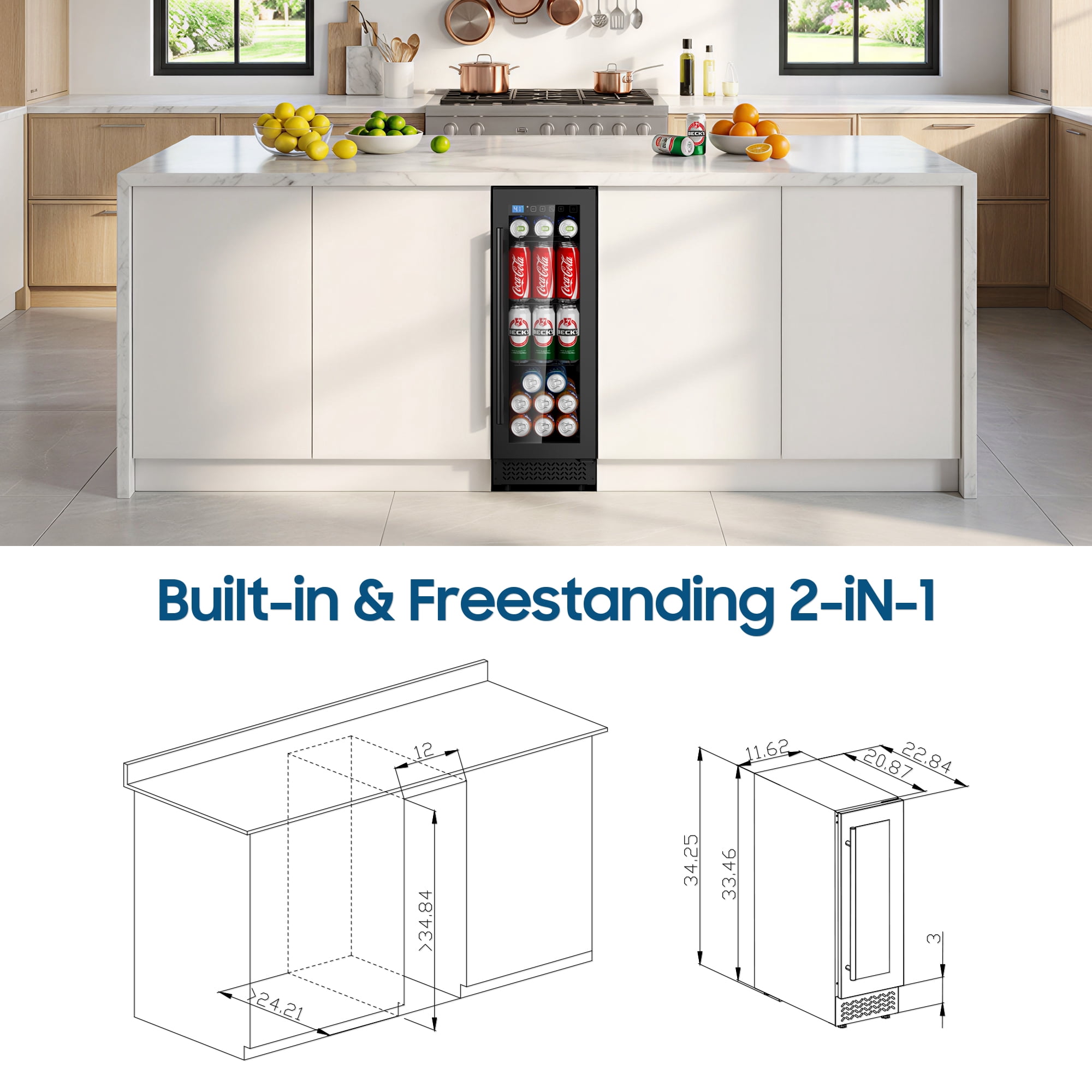 AVAHUM 12 Inch 60-Can Under Counter Beverage Refrigerator, Professional Built-In Drink Cooler, Round Handle