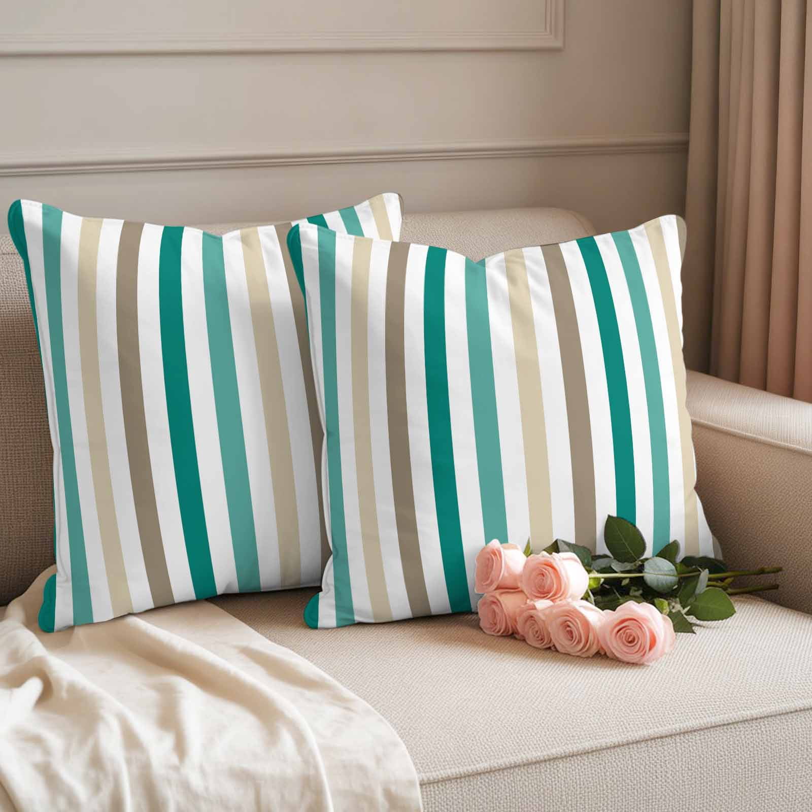 Teal Brown Stripe Outdoor Waterproof Pillow Covers, Gradient Geometric Vertical Striped Decorative Square Throw Pillowcase Sofa Cushion Sham for Patio/Couch/Chair, 18"x18" 2 Pack