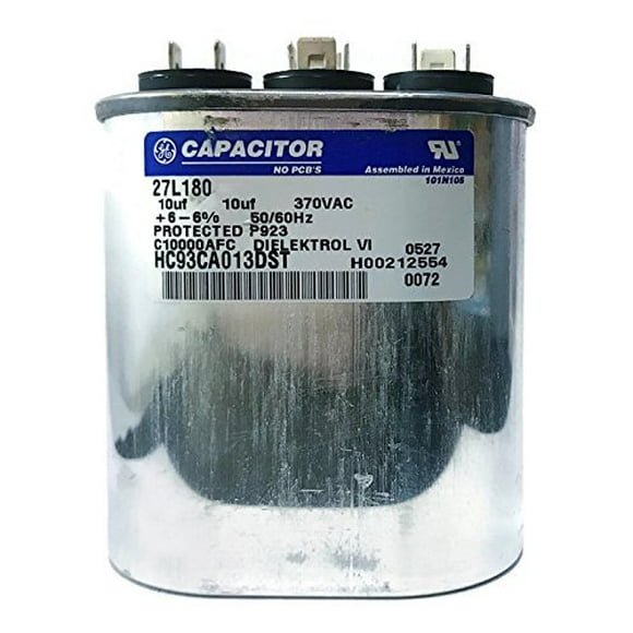 Genteq GE Capacitor Oval 10/10 uf MFD 370 volt 27L180 (Replaces Old GE #s P291-1013), 10 + 10 MFD at 370 Volts