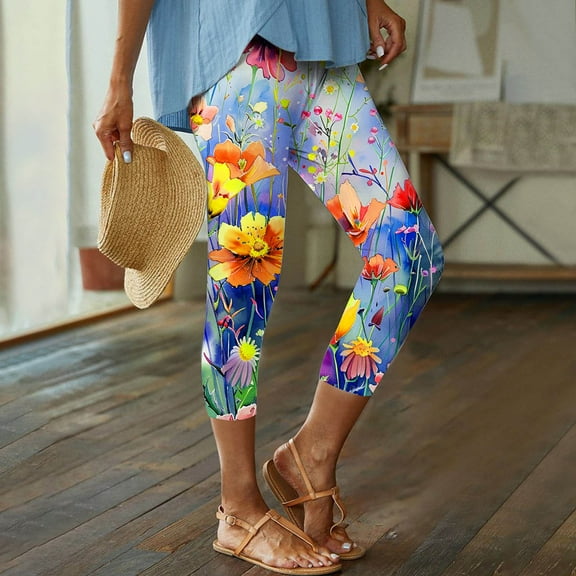 jjayotai Women's Floral Print Capri Leggings, High Waisted Tummy Control Tight Pants for Running Exercise Yoga Gym Workout Trousers