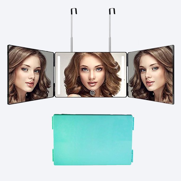 Espejo de barbero retráctil colgante de tres lados, espejo de maquillaje plegable con luz, espejo simple de tres pliegues de estilo europeo