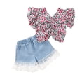 thumbnail image 1 of ZAXARRA Enfants Imprimé Fleur V-Cou Manches Courtes Tops + Dentelle Garniture Denim Shorts, 1 of 8