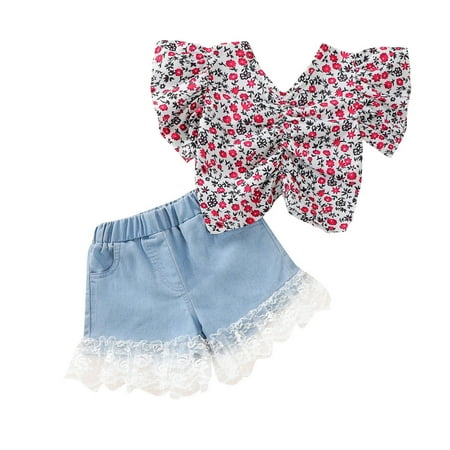 

Musuos 2 Pieces Kids Suit Set Flower Print V-Neck Short Sleeve Tops+ Lace Trim Denim Shorts for Girls 1-6 Years