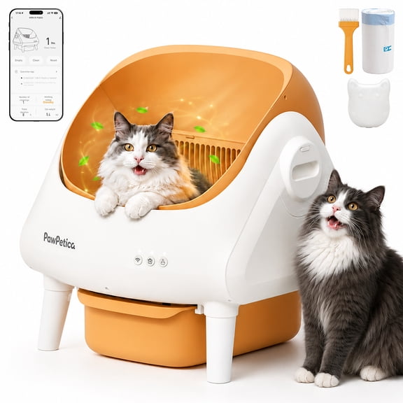PawPetica Automatic Cat Litter Box Self Cleaning - App Control, Open-Design, Smart Health Monitor, Anti-Pinch Safety, Quiet Operation - Yellow
