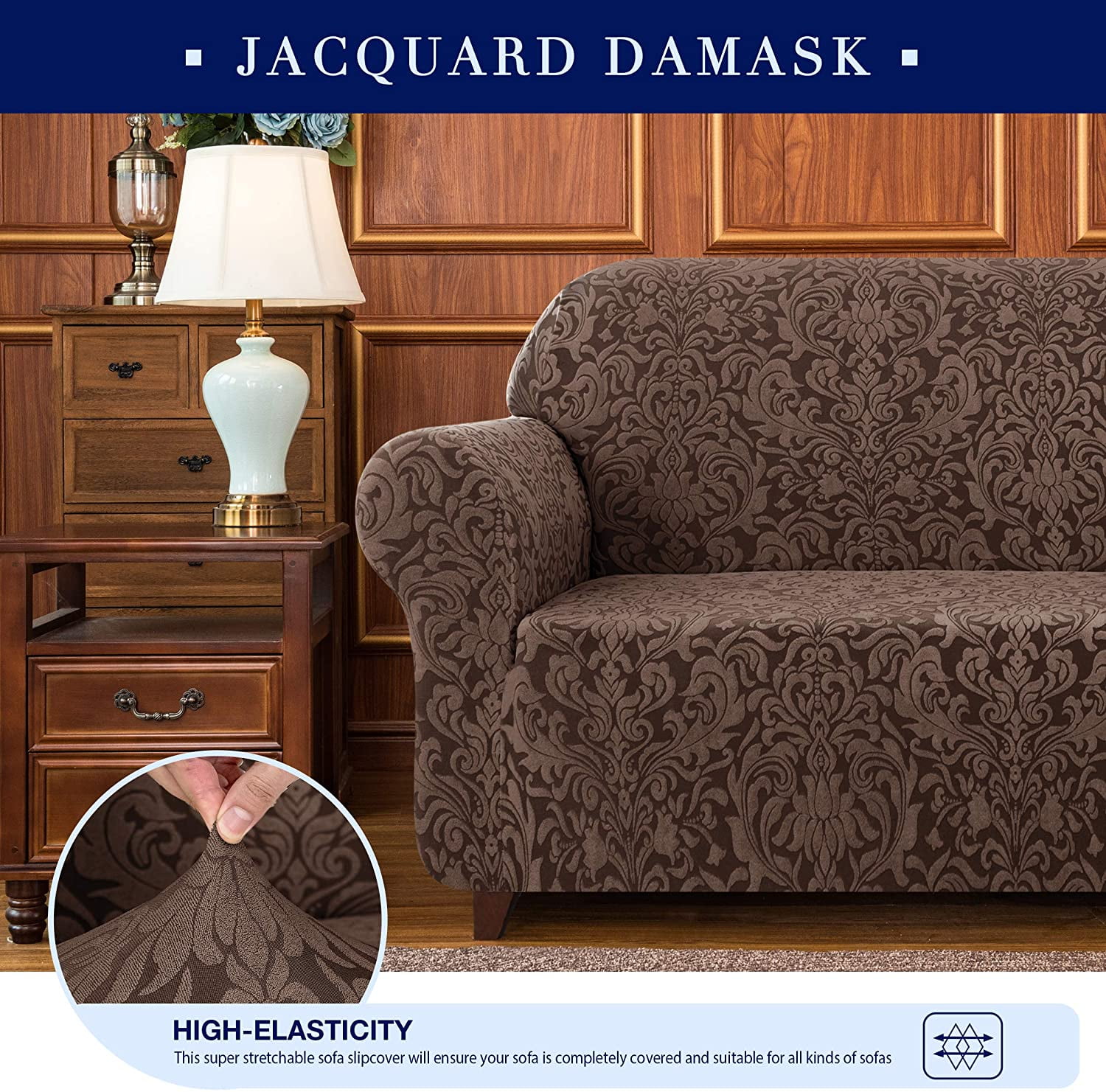 Subrtex Sofa Slipcover 1-Piece Jacquard Damask Couch Cover,Armchair,Brown