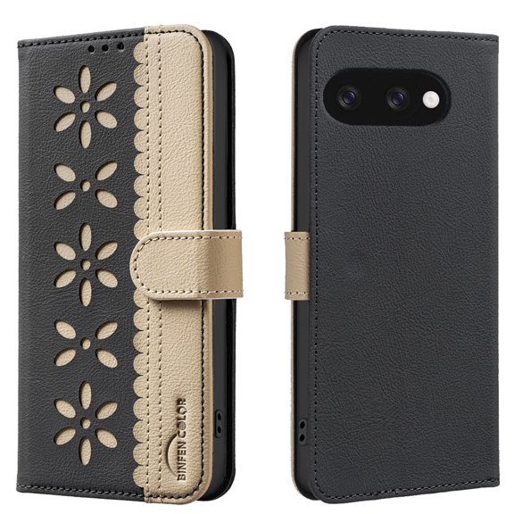 Allytechgroup Wallet Case for Google Pixel 9A, PU Leather Case with Credit Card Slot Magnetic Closure Floral Cutout Shockproof Protective Back Cover for Google Pixel 9A, Black