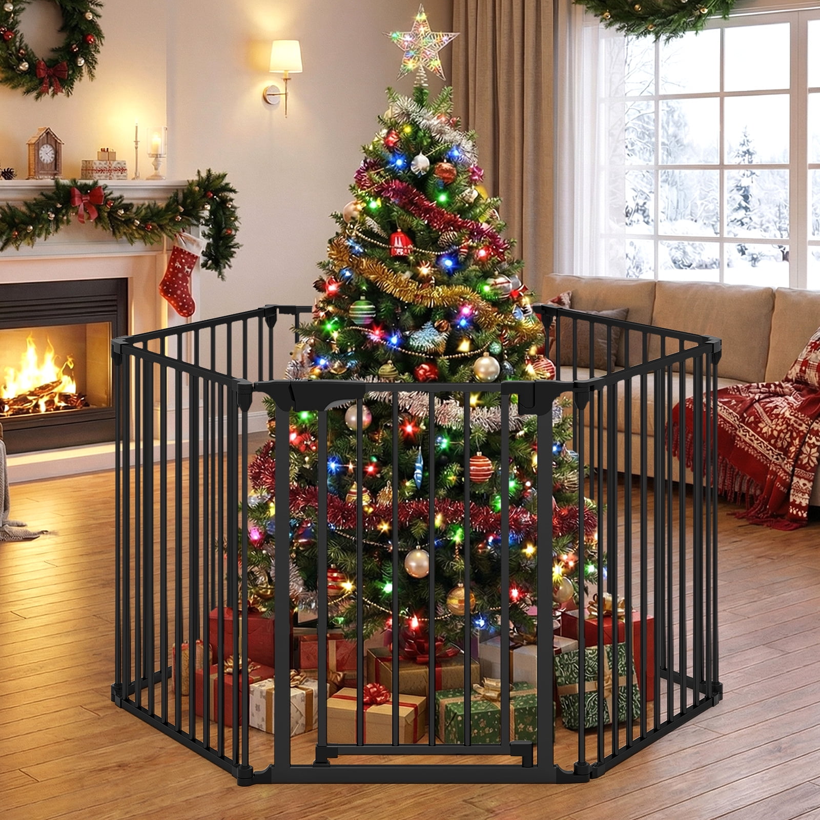 Gymax 6-Panel Adjustable Pet Safety Fence w/Auto-close Door & Double Locking System Black
