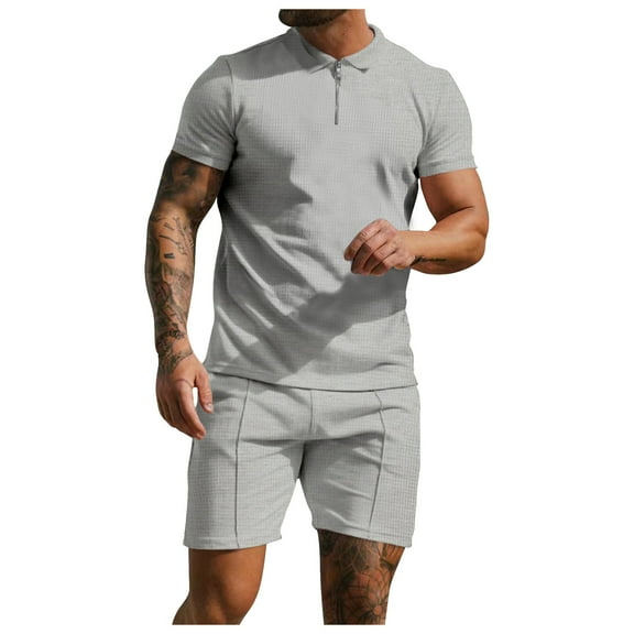 YYDGH Men's Two Piece Shorts Set Summer Casual Daily Outfits Oversized Short Sleeve Zip Up Lapel Polo Shirt and Wide Leg Pants
