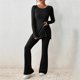 thumbnail image 2 of Chándal de punto de dos piezas para mujer: camiseta de cuello redondo y pantalones anchos, poliéster y spandex, bajo con abertura, conjunto informal a juego, 2 of 3