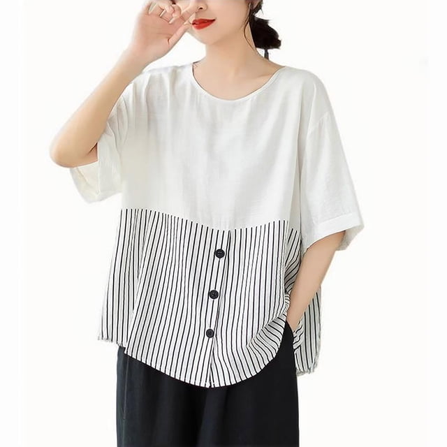 V Cuello Blusas para las Mujeres, de Moda Retro Bordado Cuello Redondo Cinco Cuartos de Manga para el Uso Casual