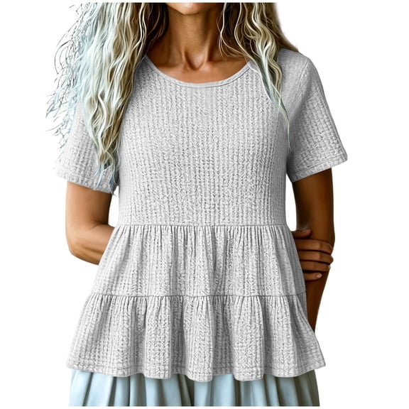 hotojiny Peplum Tops for Women Textured Crew Neck Flowy Clothes Short Sleeve Solid Color Loose Fit Shirt Dressy Casual Blouse