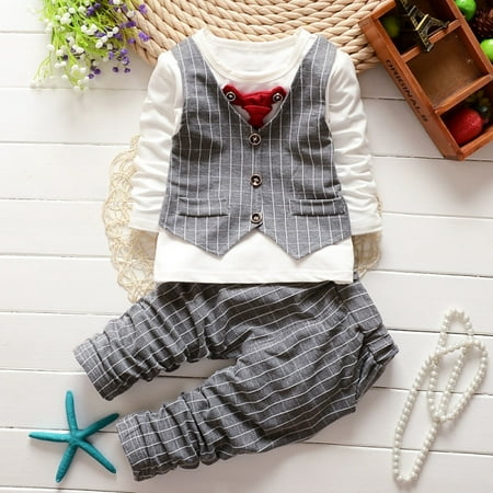 Kacakid Formal Baby Boys Suit Long Sleeve Striped Tops Shirt Plus Pants 2Pcs Gentleman Cotton Outfits