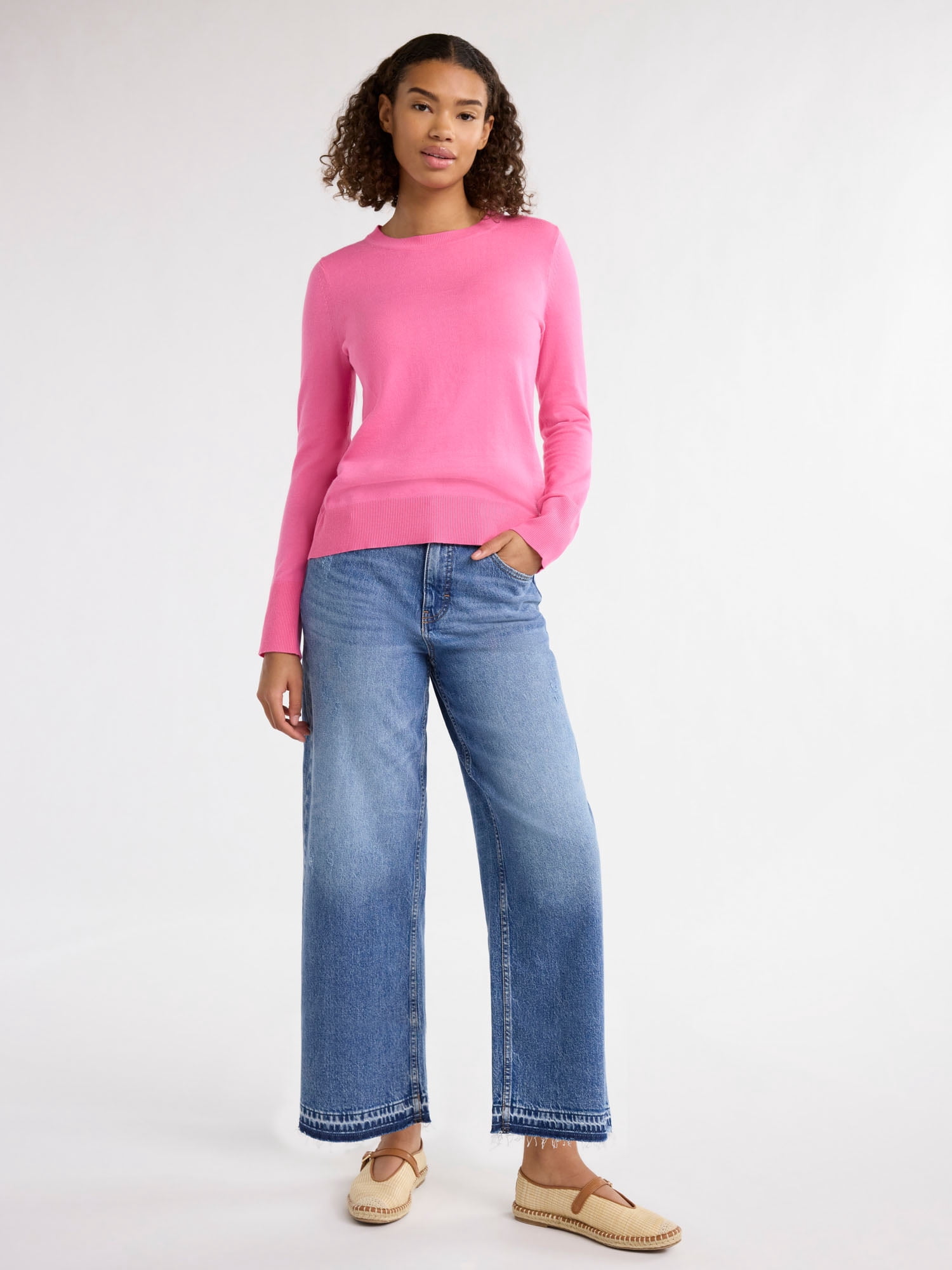 Free Assembly Women’s Cozy Yarn Crewneck Sweater with Long Sleeves, Lightweight, Sizes XS-XXXL