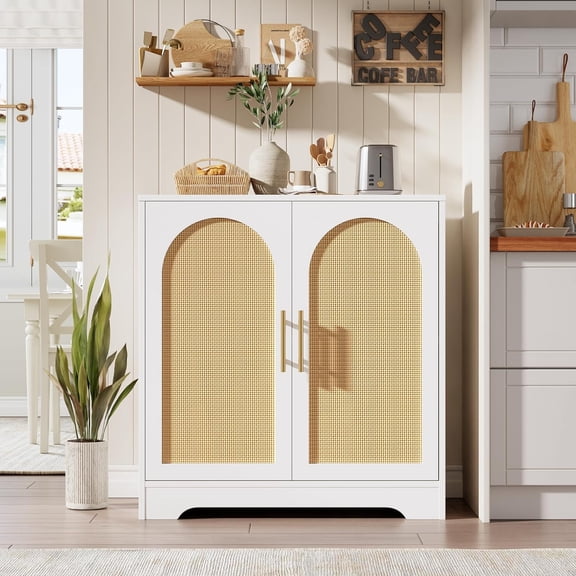 Accreate 30" Rattan Sideboard Buffet Cabinet 4-Door Modern Storage | Accent Console Table & Coffee Bar for Living Room, Dining Room, Entryway