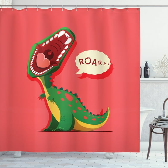Ambesonne Dinosaur Shower Curtain, Cartoon Prehistoric, 69"Wx75"L, Coral Green Yellow