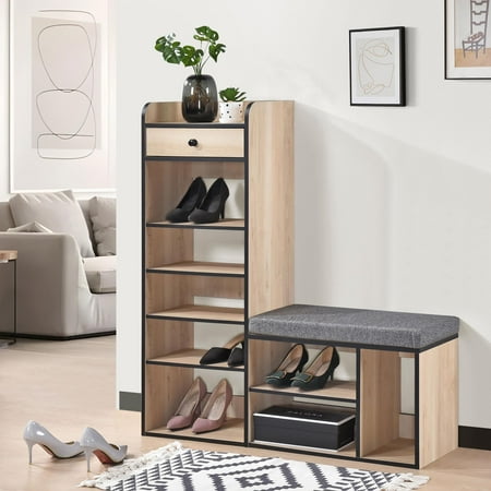 Kings Brand Furniture Julian Bench & Shoe Rack, 7-Shelf Storage & Drawer for Entryway, Closet & Bedroom, Oak/Black