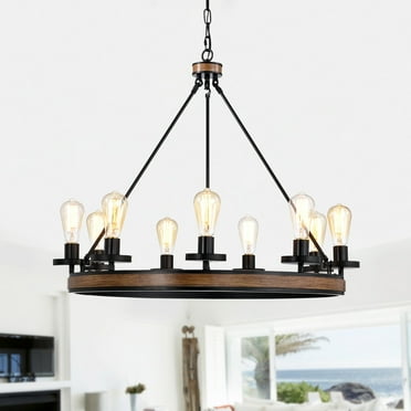Warehouse of Tiffany Aada Matte Black Metal 9 Light Wood Grain Finish Wagon Wheel Chandelier 32-Inch