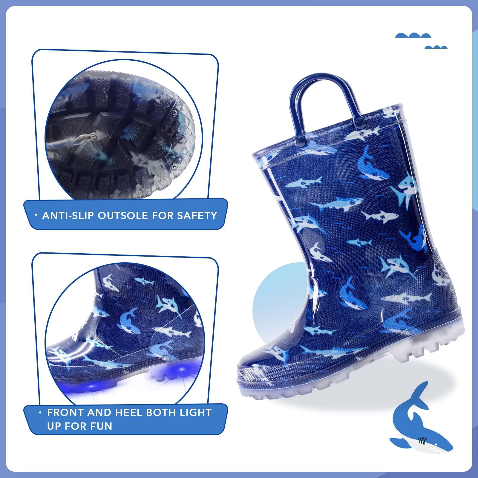 EUXTERPA Toddler Kids Light Up Rain Boots Boys Shark Waterproof Boots Little Kid Size 11
