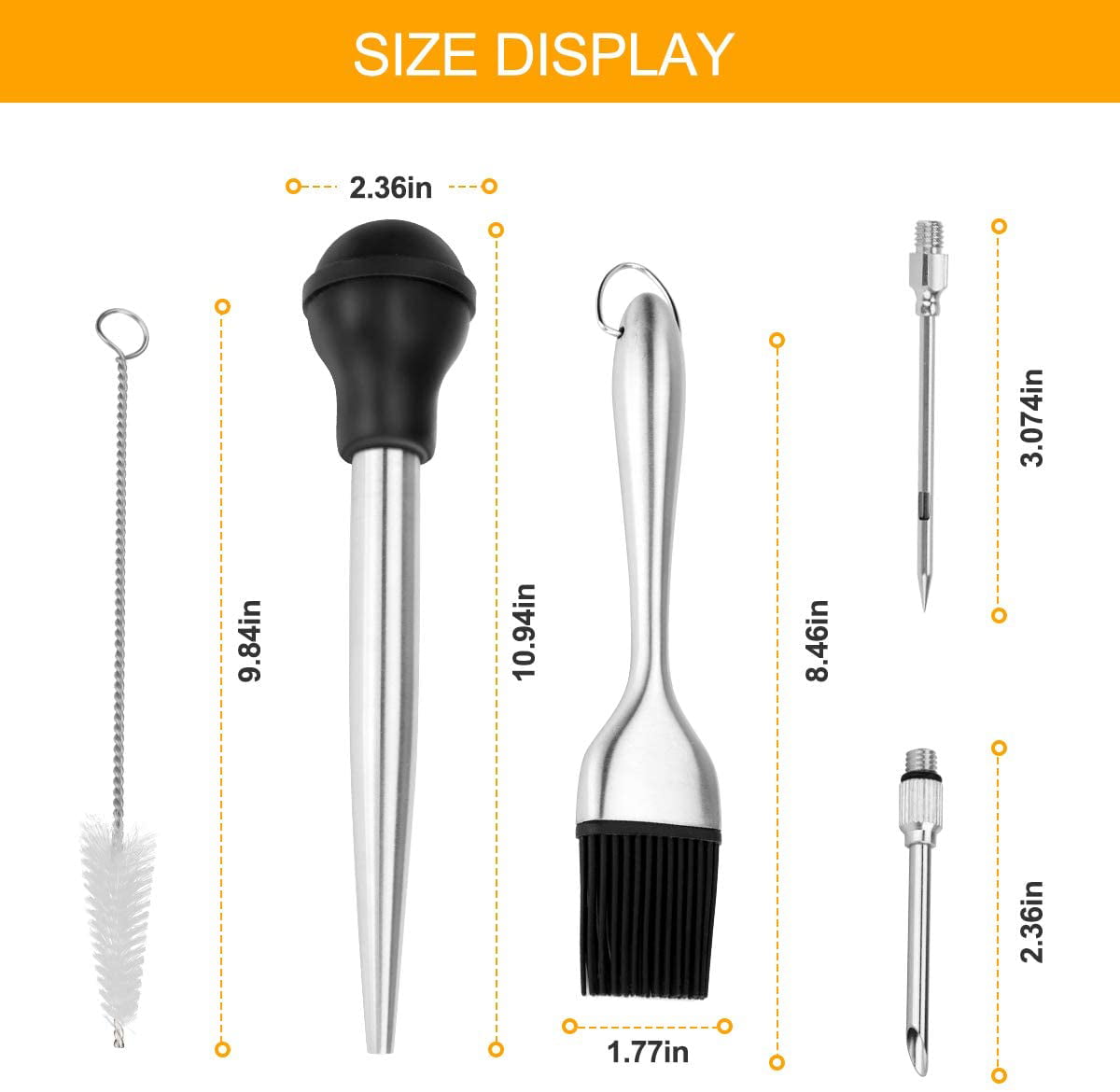 Stainless Steel Turkey Baster Set of 4 Black Flavor Needle and Cleaning Brush