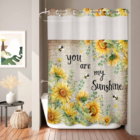 Sunflowers Shower Curtain, Country Watercolor Summer Floral Bee Linen Texture Waterproof No Hooks Bath Shower Curtain with See Through Top Window for Bathroom Bathtub 72x84in