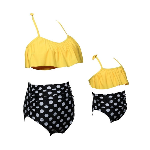 UKAP Mommy And Me Family Matching Swimwear Two Piece Parent-child Swimsuit  Sleeveless Swim Bikini Set Wire-free Seaside Swimming Suit Yellow White XL
