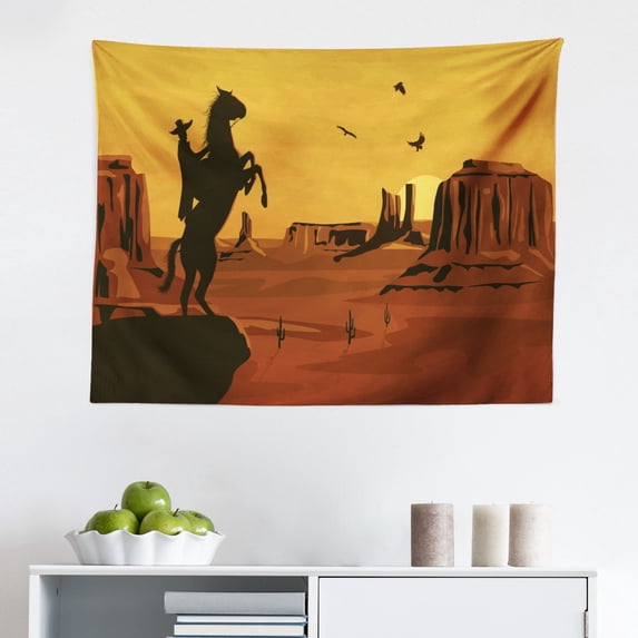 Sea Tapestry, Idyllic Sunrise Scenery Calm Seascape with a Fishing Boat Tranquility, Fabric Wall Hanging Decor for Bedroom Living Room Dorm, 2 Sizes, Azure Blue Orange, by Ambesonne