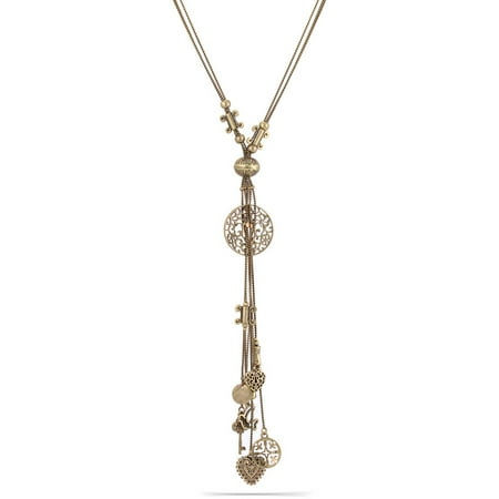 Linked Long Necklace - Tazza Antique-look Gold Tone Tassel Long