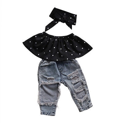 

Toddler Baby Girls Clothes Black Blouse Top Hole Casual Denim Pants Outfits Set