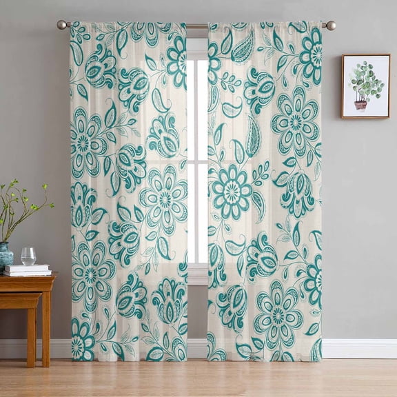 ERUNPONLY Teal Flowers Sheer Curtains 63 Inch Length 2 Panels Set, Vintage Ethnic Tribe Country Farmhouse Voile Window Treatment Curtains Sheers Drapes for Bedroom/Living Room/Kitchen 52x"63"x2