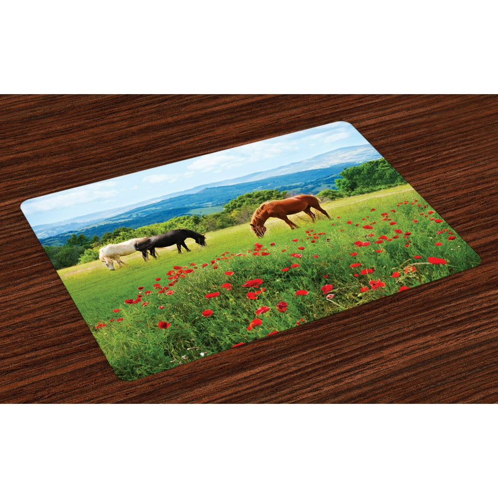 Horses Placemats Set of 4 Various Kinds of Horses Eating Grass in Field