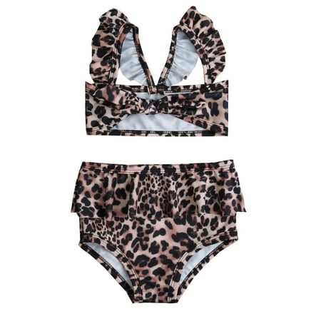 

Calsunbaby Toddler Baby Girls 2pcs Swimsuit Bowknot Sleeveless Bikini Tops Ruffles Bottoms Swimwear Set Leopard print 4-5 Years