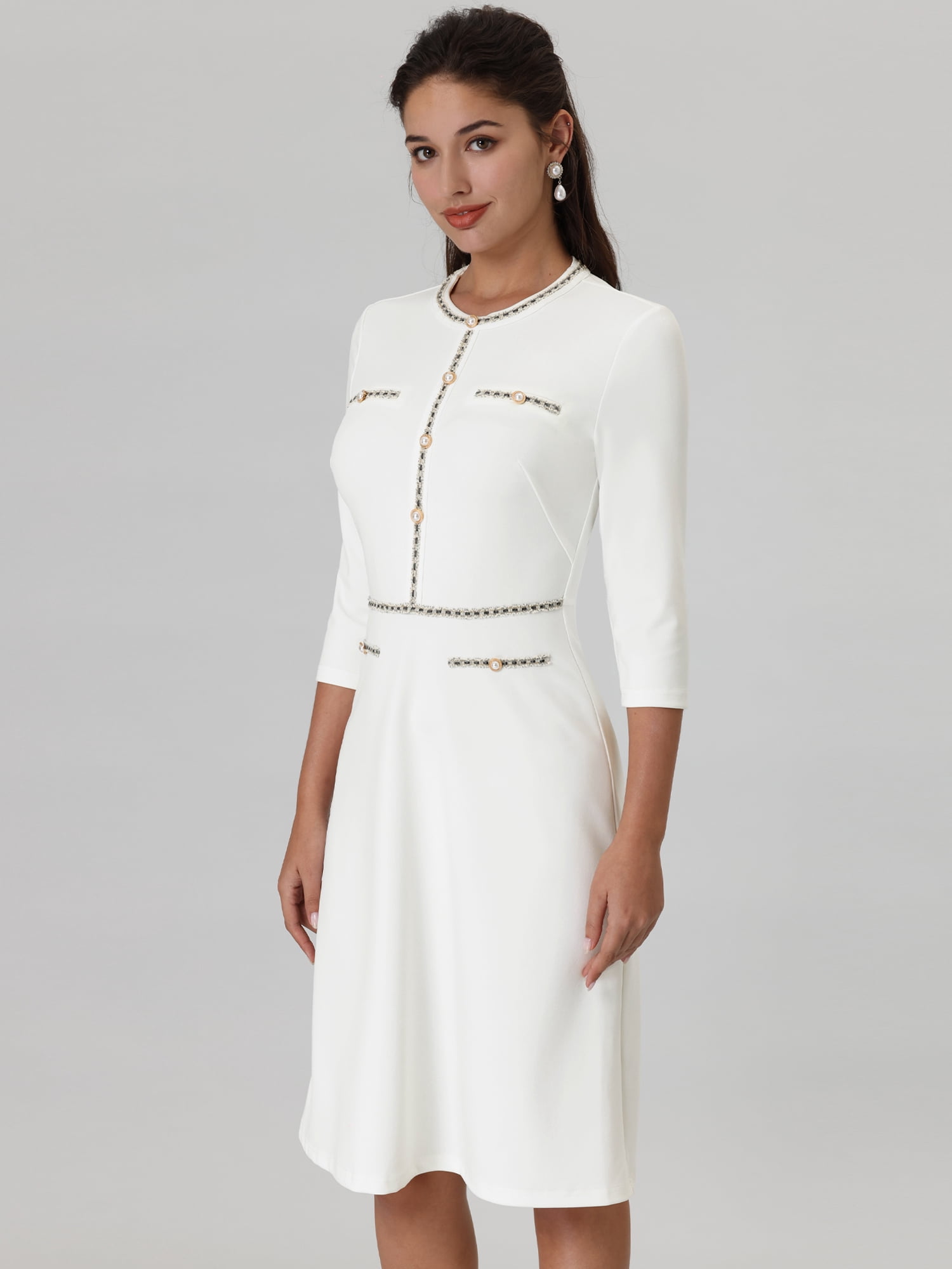 DARING DIVA Women's A-Line Contrast Color Tweed Trim Dress 2XL White