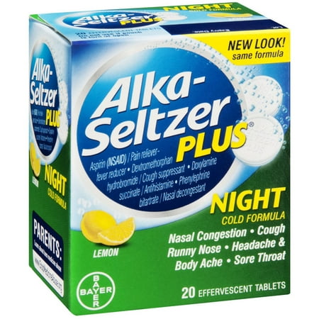 Alka Seltzer Night Cold Medicine Effervescent Tablets, Soothing Lemon, 20 CT (Pack of 6)