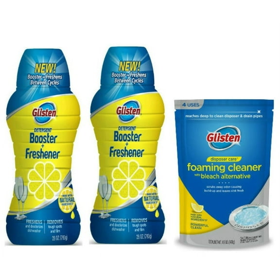 Glisten Dishwasher Detergent Booster and Freshener 2-Pack and Disposer Care Foaming Cleaner, Lemon Scent
