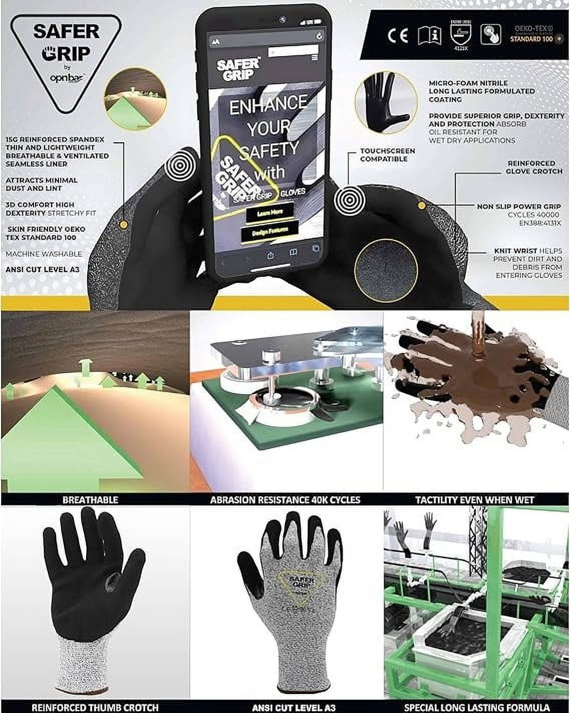 OPNBar Nitrile Coated Work Gloves - Touchscreen Compatible, A3 Cut Resistant, Reinforced Thumb Crotch, Safer Grip for Work (A3 Large, 12 Pair)