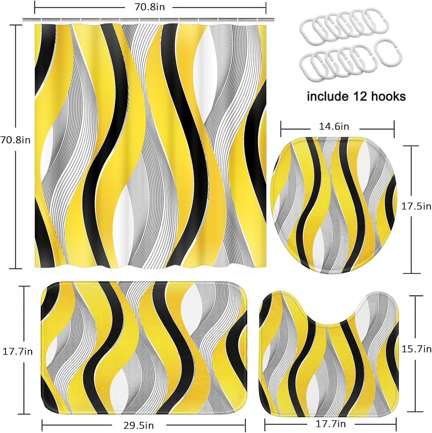 Grey Black Wavy Line Shower Curtain Set with Toilet Lid Cover and Non-Slip Rugs for Bathroom, Abstract Stripes 4 Pcs Shower Curtain, Modern Geometric Bathroom Set with 12 Hooks