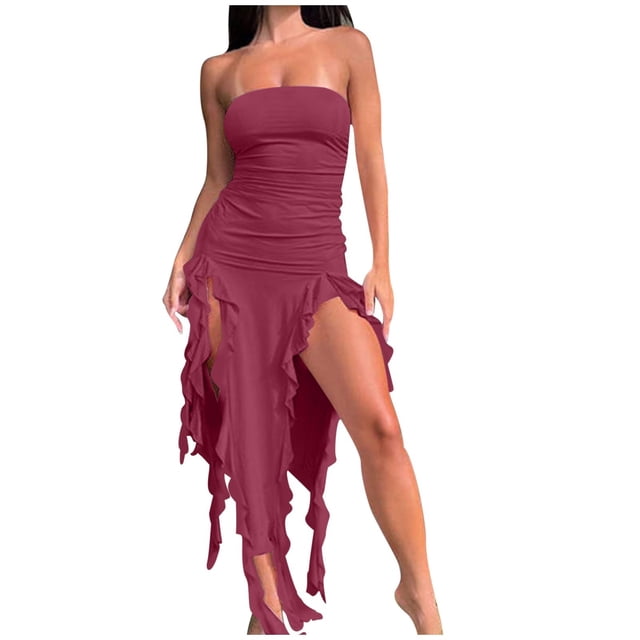 Staron Casual Summer Dresses for Women Elegant Strapless Formal High Split Dresses Cocktail Wedding Party Off Shoulder Tube Midi Bodycon Irregular Ruffle Dress Wine M