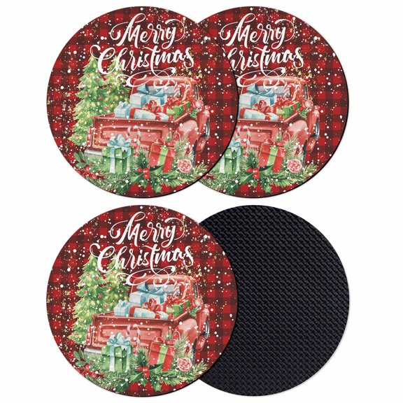 Christmas Coasters Set of 4, Absorbent Coasters for Drinks, Truck Pine Tree Snowflake Black Red Plaid Coaster for Desk Coffee Table Protection, Home Decor House Warming Gifts 4"