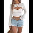 thumbnail image 3 of Tops Cortos de Crochet para Mujer, Estilo Y2K, de Larga, Cuello Redondo, Encogimiento de Hombros, con Aberturas, para Playa de Verano. Albaricoque S, 3 of 10