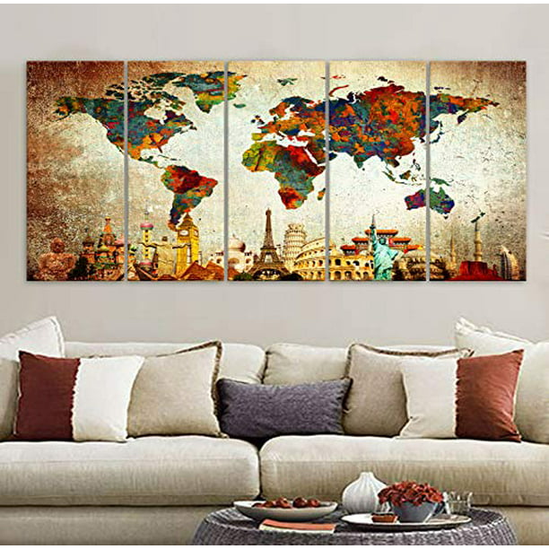 Original By Boxcolors Large 30 X 70 5 Panels 30x14 Ea Art Canvas Print Wonders Of The World Old Paper Map Vintage Wall Decor Home Interior Framed 1 Depth M1845 Com - Original Wall Art Canvas