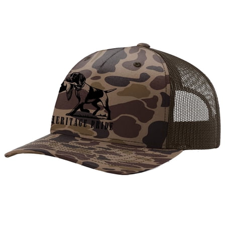 Heritage Pride Duck Hunting Dog Outdoors Hunting Mens Embroidered Mesh Back Trucker Hat Bark Duck Camo/Brown