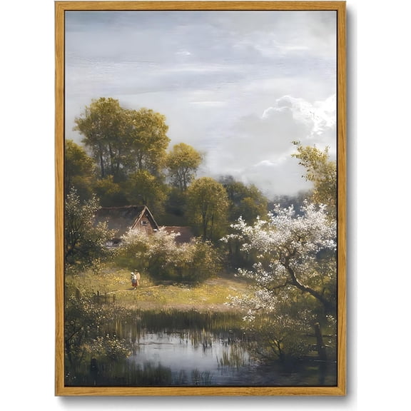 Framed Vintage Landscape Wall Art Retro Rustic lake Painting Victorian Canvas Prints Farmhouse Country Pictures Home Office Decor Bedroom Bathroom Living Room