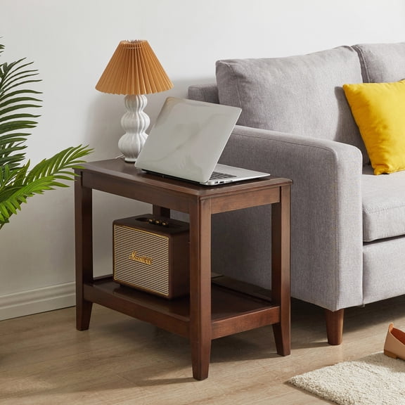 Solid Wood 2-Tier Side Table with Storage Shelf, Rustic End Table for Living Room and Plant Stand, Walnut