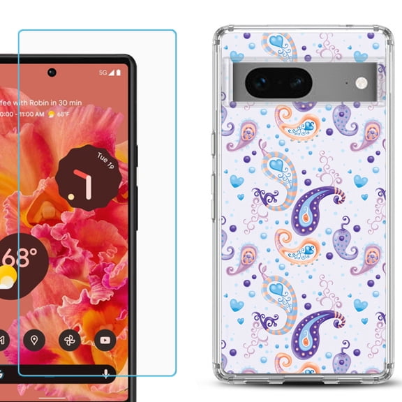 Slim-Fit Gel TPU Phone Case for Google Pixel 7, with Tempered Glass Screen Protector, by OneToughShield ® - Paisley Purple