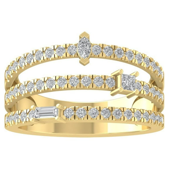 ARAIYA FINE JEWELRY 14K Yellow Gold Round and Princess shape Lab Grown Diamond Three Row Wedding Band Ring (3/4 cttw, VS Clarity, D-E Color) Size 8.5