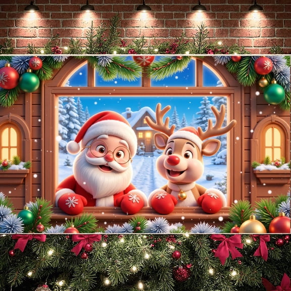 Red Theme Christmas Banner Christmas Style Reindeer Backdrop Reindeer Santa Claus Image Holiday Background for Christmas Party Family Gathering Xmas Event