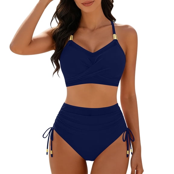 Zpanxa Front Lace Up Bikini Set Ladies' Solid Color High Waisted Two Piece Casual Swimsuit
