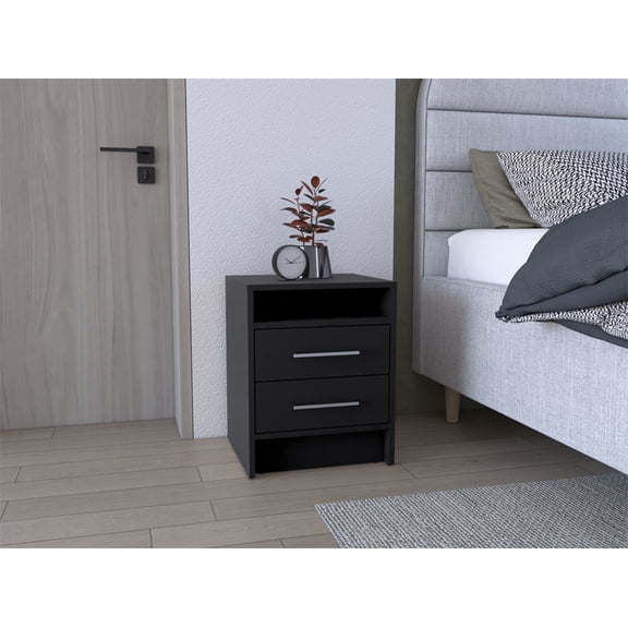 Cterwk 2 Drawer Nightstand with Open Shelf and Handle, Black