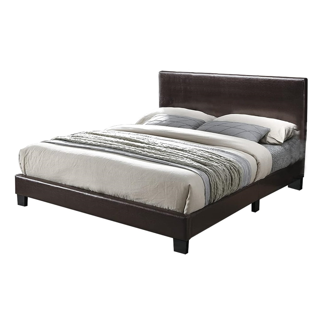 Bed Frame Modern Brown 1pc Queen Size Bed Faux Leather Upholstered Bedframe Bedroom Furniture Adjustable Headboard