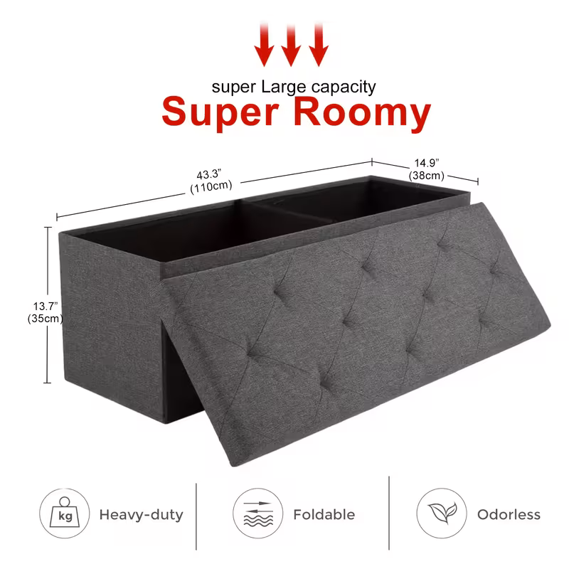 43" Foldable Storage Ottoman Bench with Bins, Padded Footrest Stool for End of Bed, Living Room and Entryway, Holds up to 800 lbs, Gray